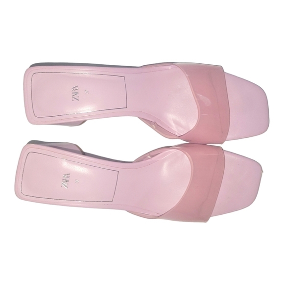 Zara Clear Vinyl Pink Wide Heels Clear Strap Leather Insole UK Size 37 Sandals - Picture 2 of 9